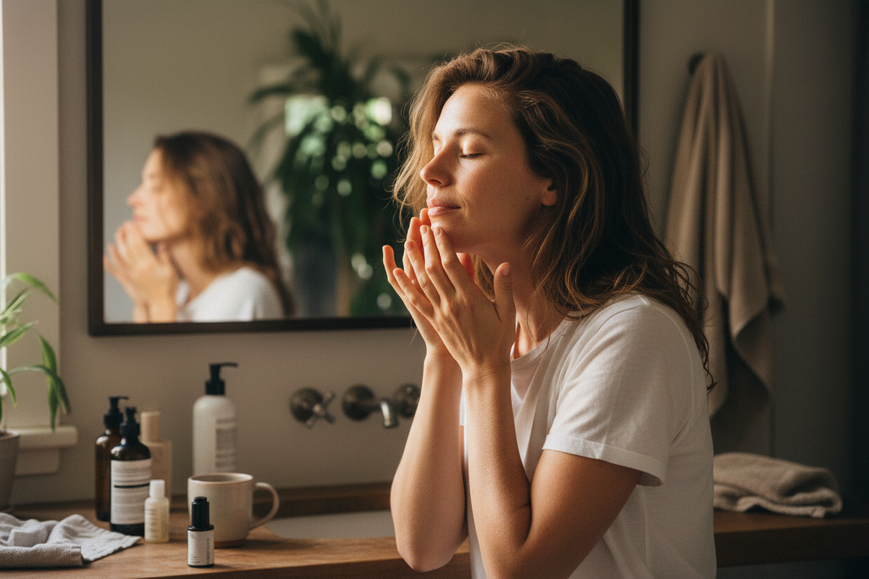 Kvinna använder Forest Glow Deep Hydrating Serum i sin vardagsrutin