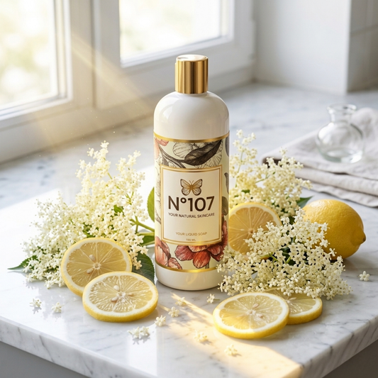 Flytande tvål Fläder & Citron från Gästareds Hudvård – ekologisk handtvål med fläderblommor och citron på marmorbänk