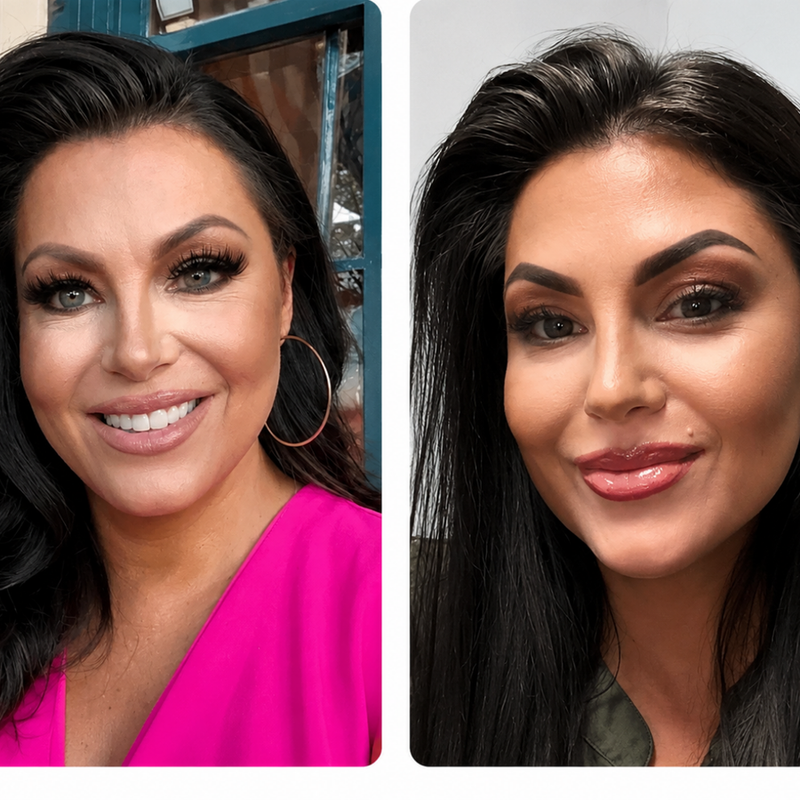 Före och efter-bild av kvinna som använder Frownies, med synligt mjukare intryck av huden