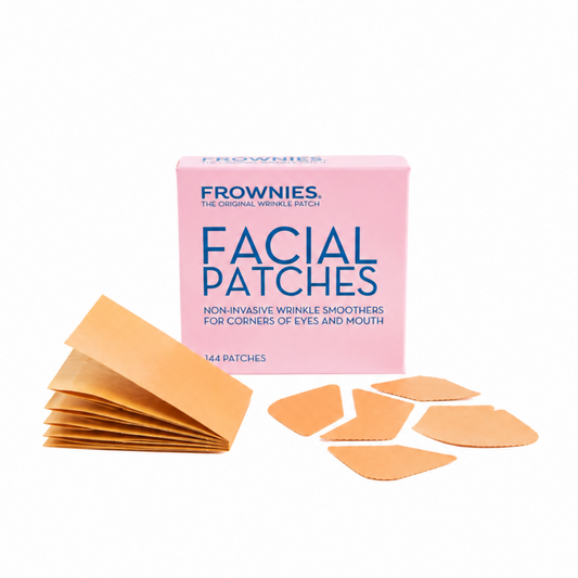 Frownies Facial Patches 144 ansiktsplåster mot rynkor med rosa förpackning och beige plåster