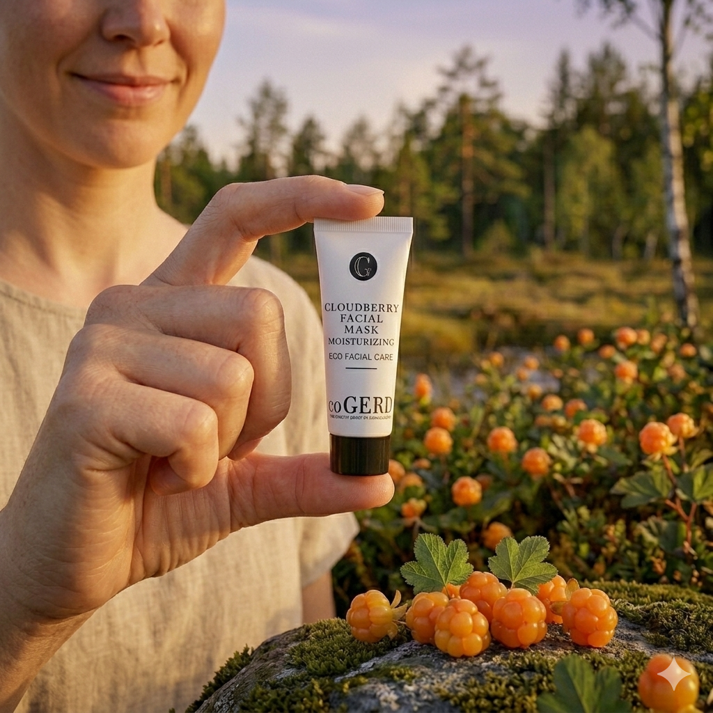 En kvinna i linnekläder håller upp en liten tub med Cloudberry Facial Mask från c/o Gerd i en svensk skog fylld med mogna hjortron. Tuben är liten i hennes hand, och framför henne på en mossa-täckt sten ligger en samling färska hjortron, gröna blad och en svensk enkrona för att visa storleken. Bakgrunden är en solig, naturlig skogsmiljö med björkträd.