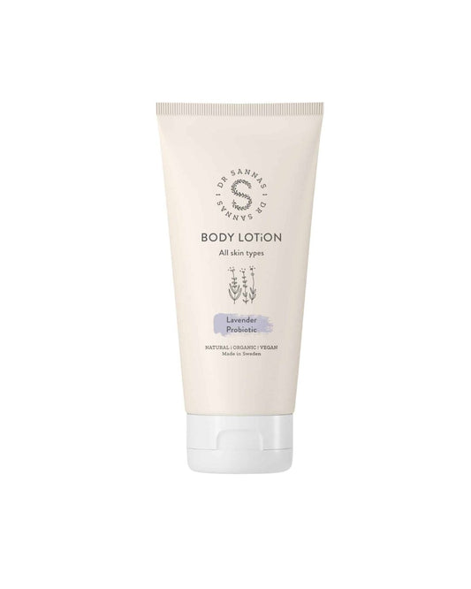 Dr Sannas Body Lotion med lavendel och probiotika för alla hudtyper i vit tub mot vit bakgrund.