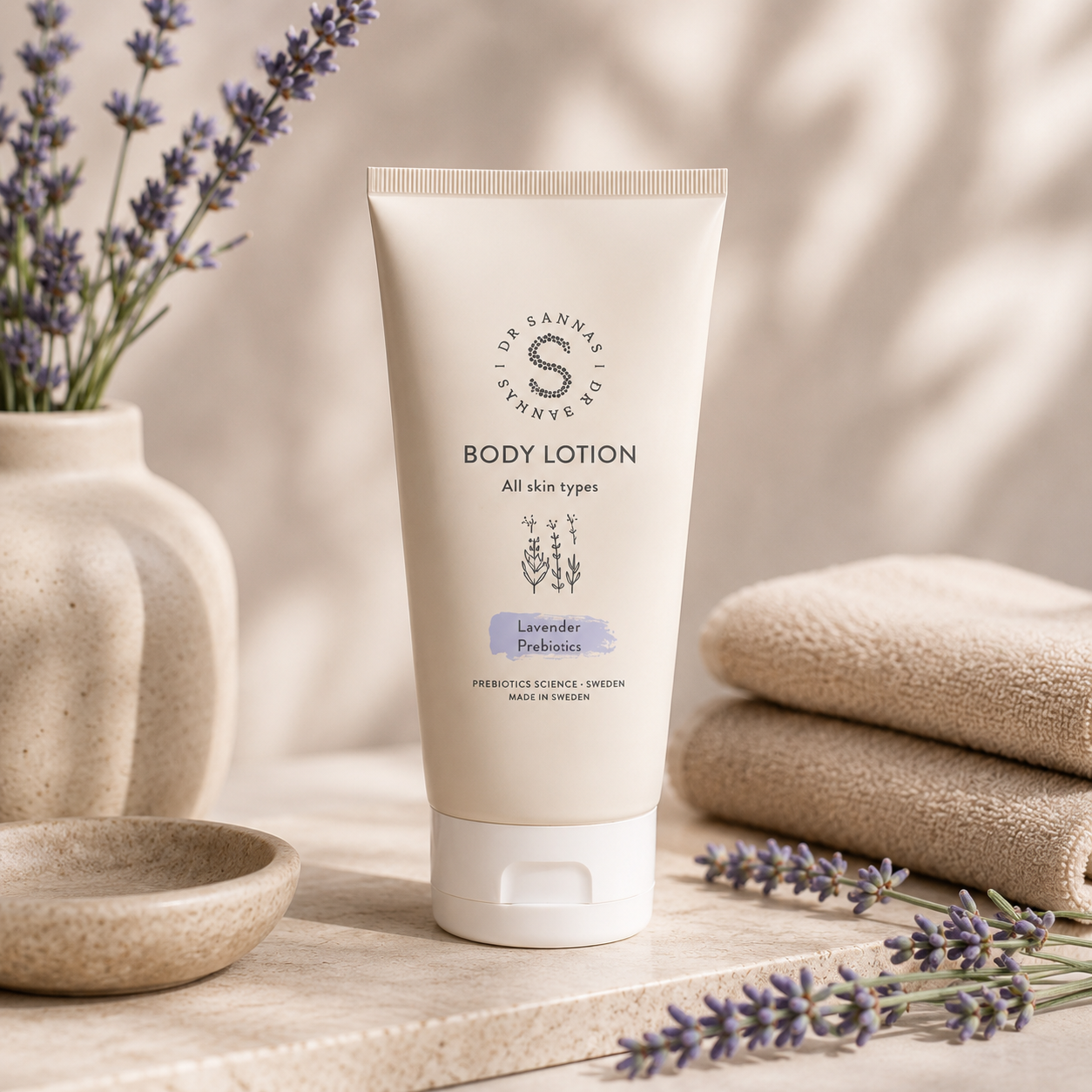Dr Sannas Body Lotion med lavendel och probiotika stående på en naturstensplatta, omgiven av lavendelkvistar och mjuka handdukar i en lugn spamiljö.