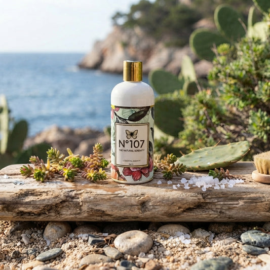 Fyrkantig produktbild på 'N°107 Liquid Castile Soap' med guldkork, placerad på trä vid kusten med kaktus och havssalt.