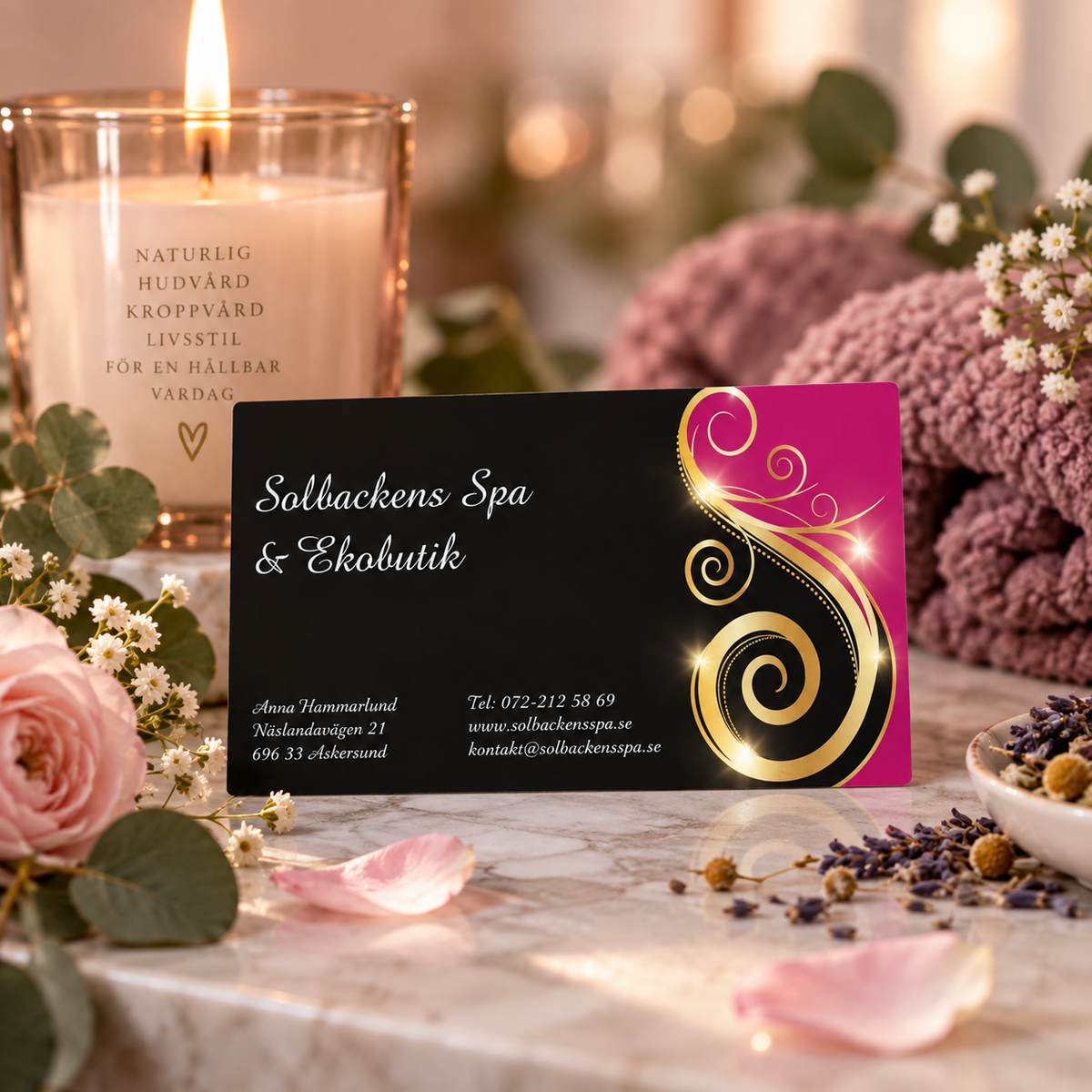 Presentkort från Solbackens Spa & Ekobutik med spa-inspirerad gåvomiljö