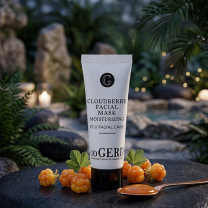 En vit tub av c/o Gerd Cloudberry Facial Mask står i fokus på en mörk, våt sten. Vid basen av tuben ligger flera färska, orangea hjortron och gröna blad. Till höger ligger en liten sked med ett krossat hjortron (ser ut som bärmassa). Bakgrunden är en stämningsfull, naturlig myr och skogsmiljö med dis, stora stenar och små ljuspunkter, som förmedlar en känsla av en lugnande natur-spa-upplevelse.