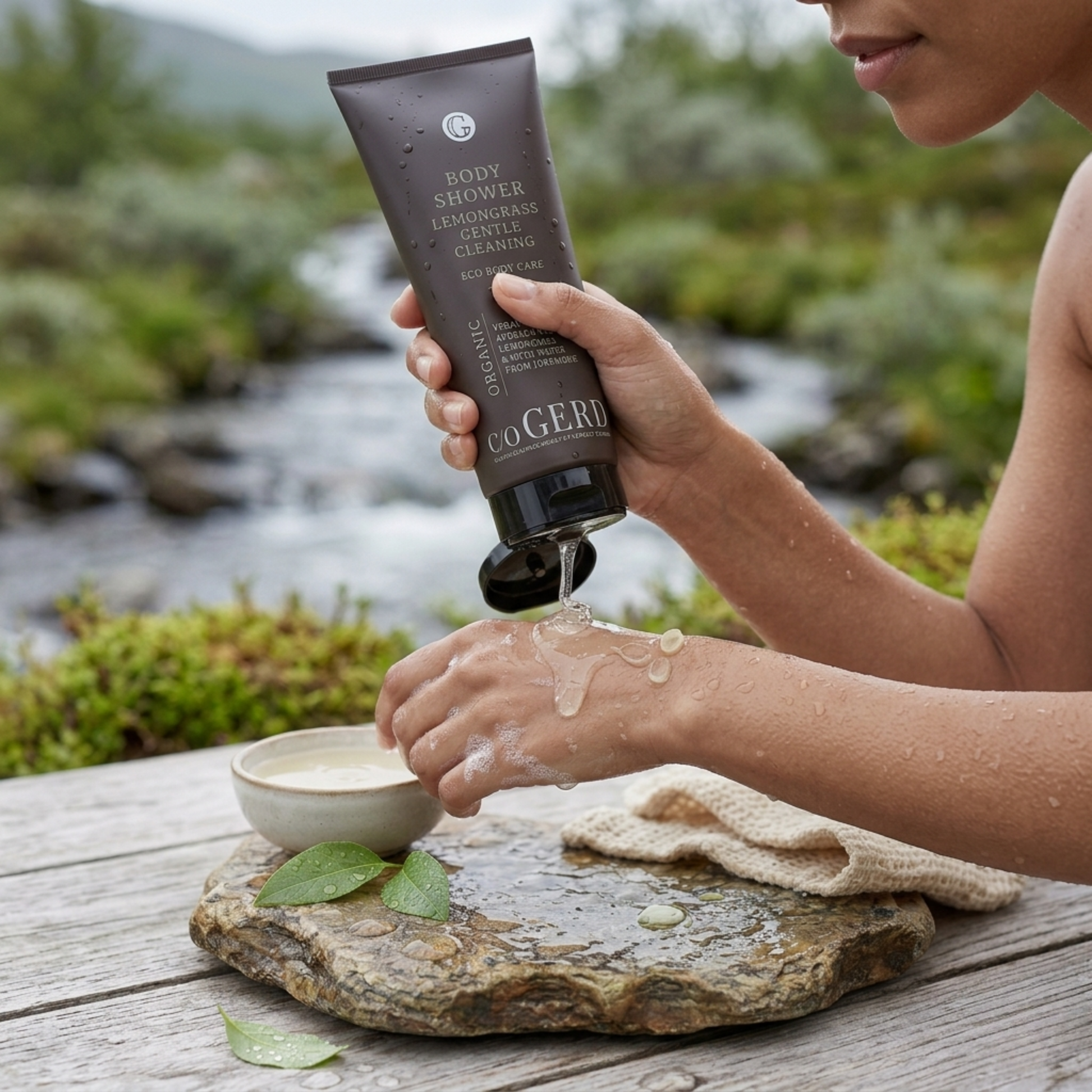 Denna närbild av c/o GERD BODY SHOWER Lemongrass-tuben står på en rustik, vattenstänkt stenplatta utomhus i en naturskön bäckmiljö i Jokkmokk, Lappland. Den bruna tuben, med tydlig text som visar produktens namn, dess citrongräs- och avokadooljeinnehåll, samt märkningarna "ECO BODY CARE", "VEGAN" och "MADE IN JOKKMOKK", är det centrala fokuset. I förgrunden syns färska citrongräs-stjälkar, några skivade, en liten keramikskål fylld med en gyllene extraktvätska, och vattenstänk på stenen. Bakgrunden är en sud