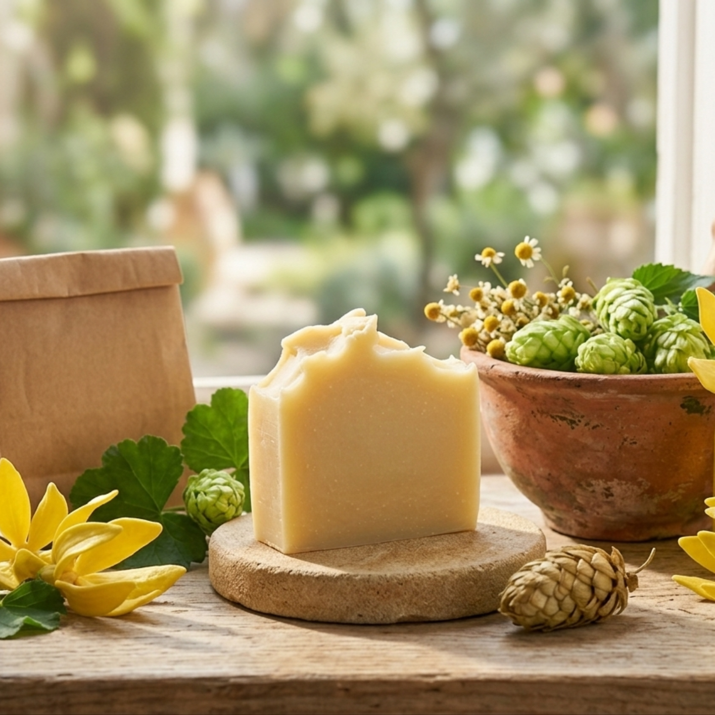 Ett vidare produktfoto som visar hela scenen, med naturtvålen i fokus på ett träfat. I bakgrunden syns en stor lerskål full av humlekottar och kamomillblommor, en papperspåse fylld med ingredienser, samt ylang-ylang-blommor.