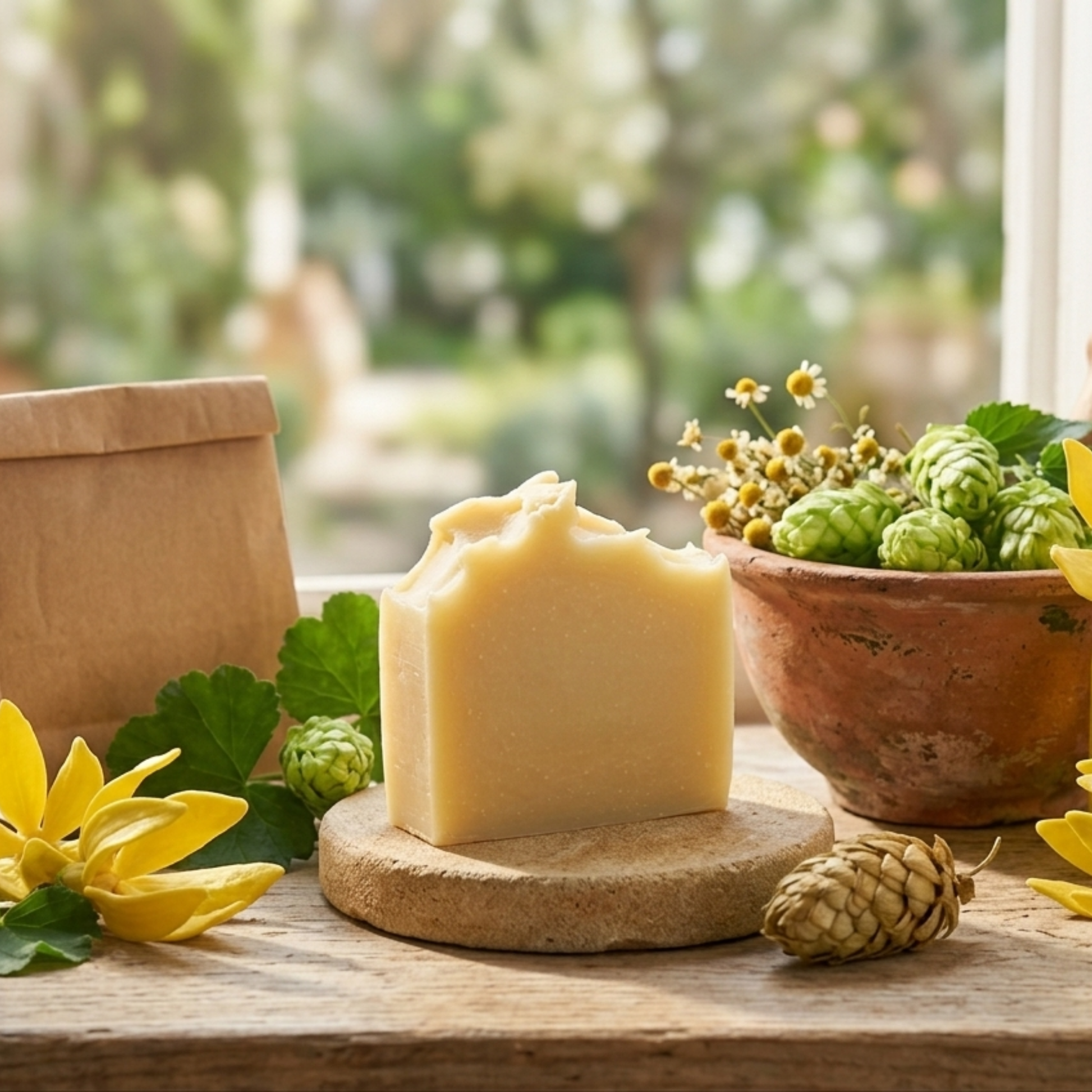 Ett vidare produktfoto som visar hela scenen, med naturtvålen i fokus på ett träfat. I bakgrunden syns en stor lerskål full av humlekottar och kamomillblommor, en papperspåse fylld med ingredienser, samt ylang-ylang-blommor.