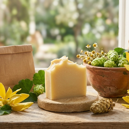 Ett vidare produktfoto som visar hela scenen, med naturtvålen i fokus på ett träfat. I bakgrunden syns en stor lerskål full av humlekottar och kamomillblommor, en papperspåse fylld med ingredienser, samt ylang-ylang-blommor.