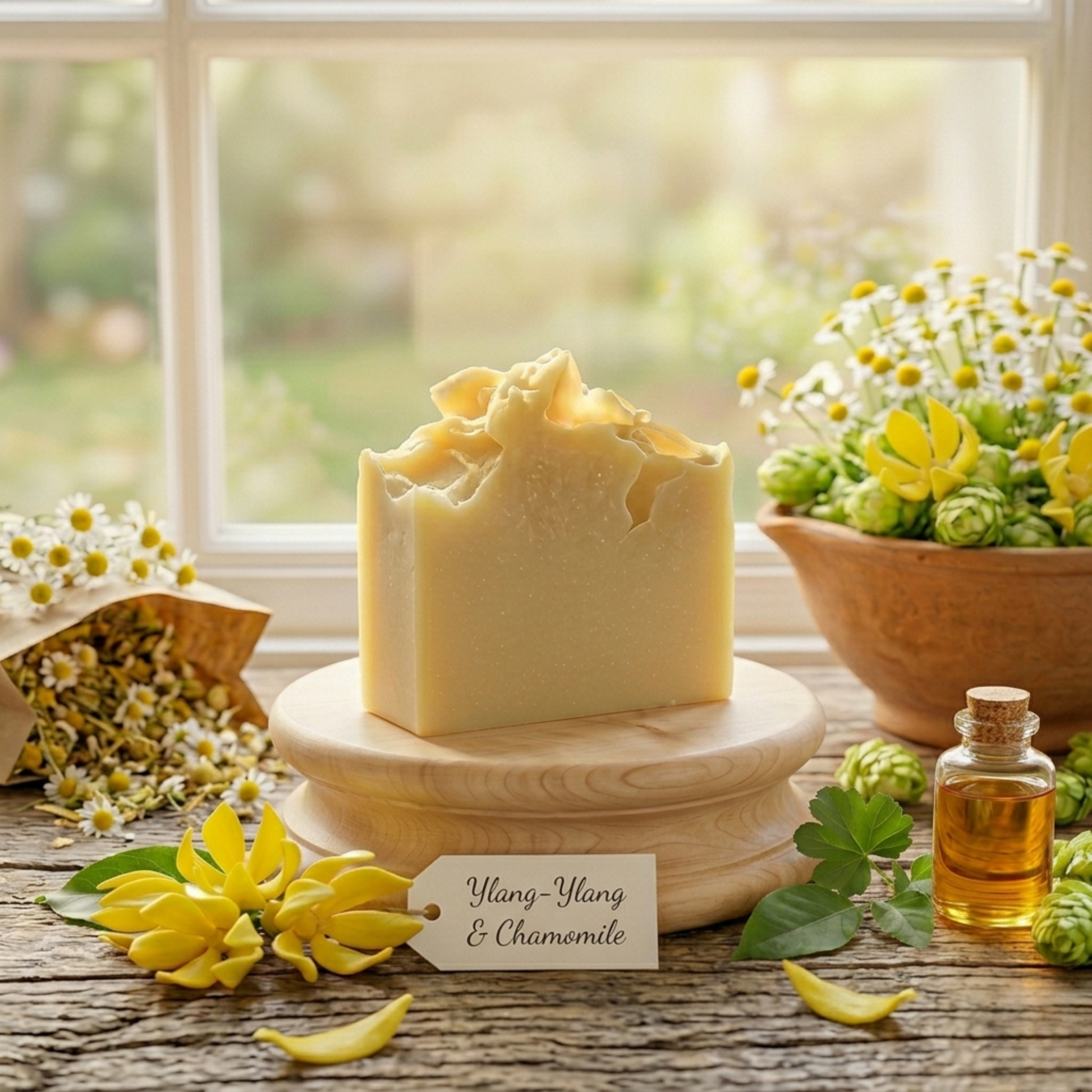 Ljust och inbjudande produktfoto av en rektangulär, krämig naturtvål på ett träfat vid ett fönster. Tvålen är omgiven av ylang-ylang-blommor, kamomill, humlekottar och en liten flaska olja. Ett litet kort med texten "Ylang-Ylang & Chamomile" ligger framför tvålen.
