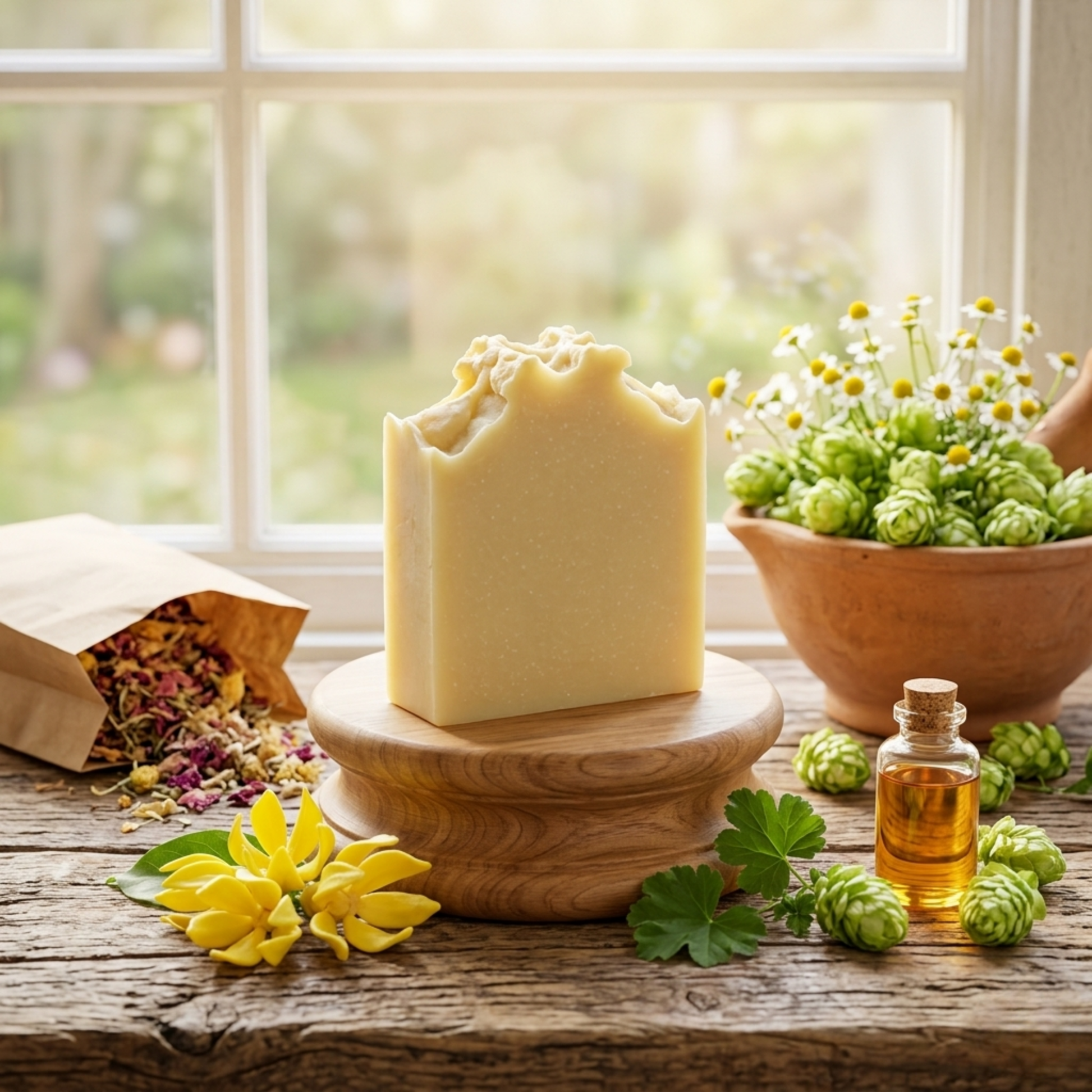 En varierad komposition av samma naturtvålsscen, där tvålen står på en rund träplatta vid ett fönster. Den omges av mer framträdande humlekottar, gula ylang-ylang-blommor och en liten glasflaska med bärnstensfärgad olja.