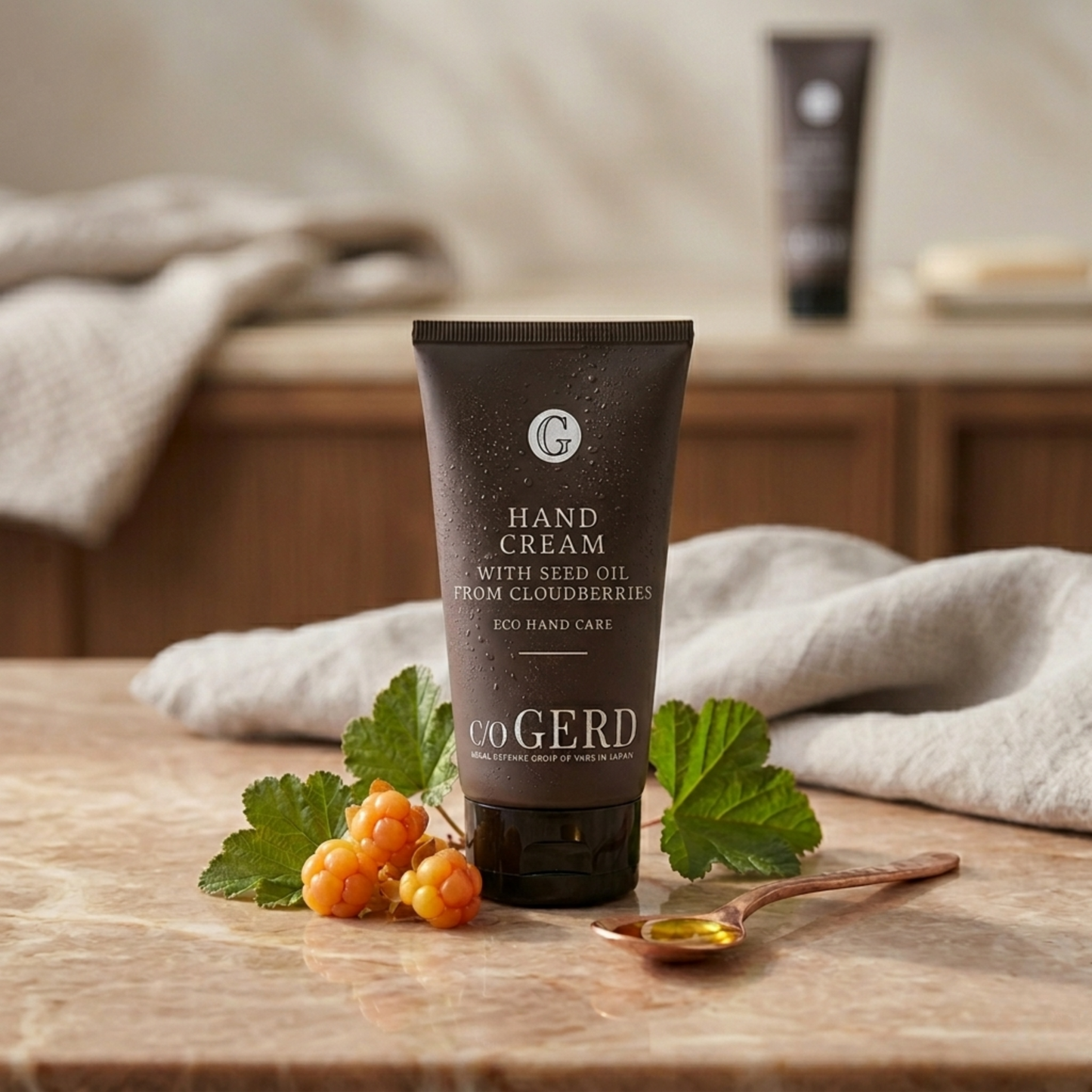 En tub med c/o GERD Hand Cream With Seed Oil From Cloudberries stående på en ljus marmorskiva bredvid färska hjortron och en sked med olja.