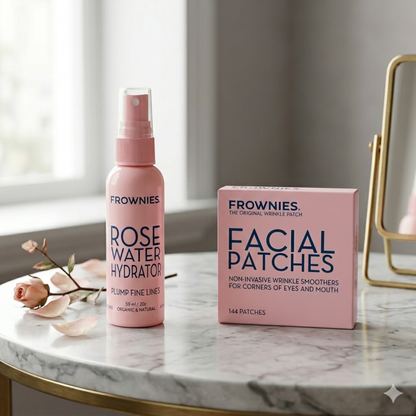 Frownies Rose Water Hydrator och Facial Patches på marmorbord med spegel – lyxig hudvårdsrutin.