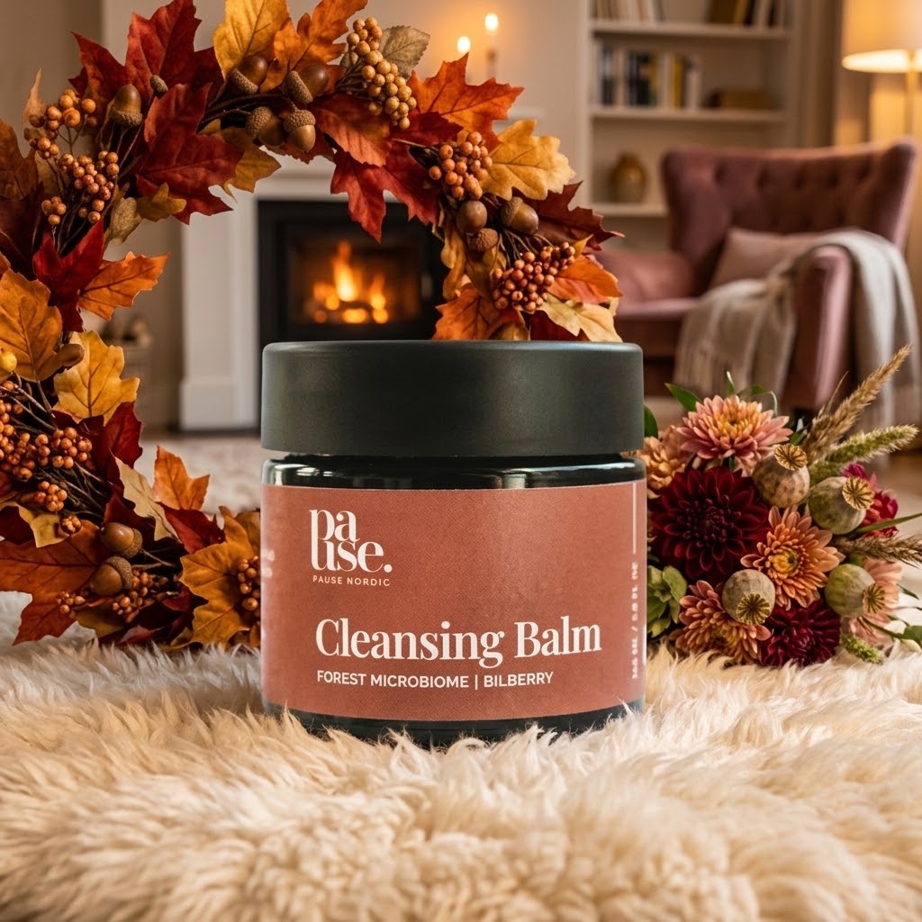 Cleansing Balm från Pause Nordic i en varm höstmiljö med brasa, höstlöv och blommor.