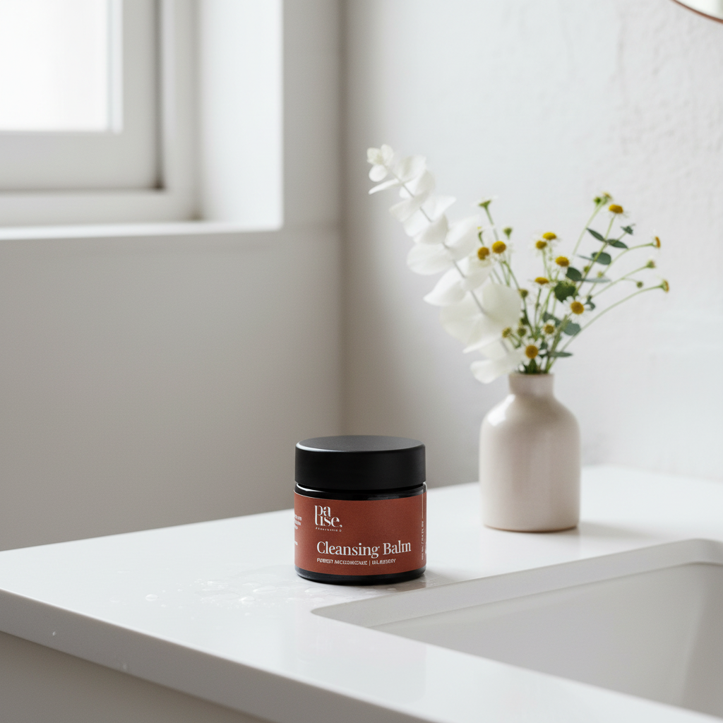 Cleansing Balm från Pause Nordic på en ljus bänkskiva med blommor i bakgrunden.
