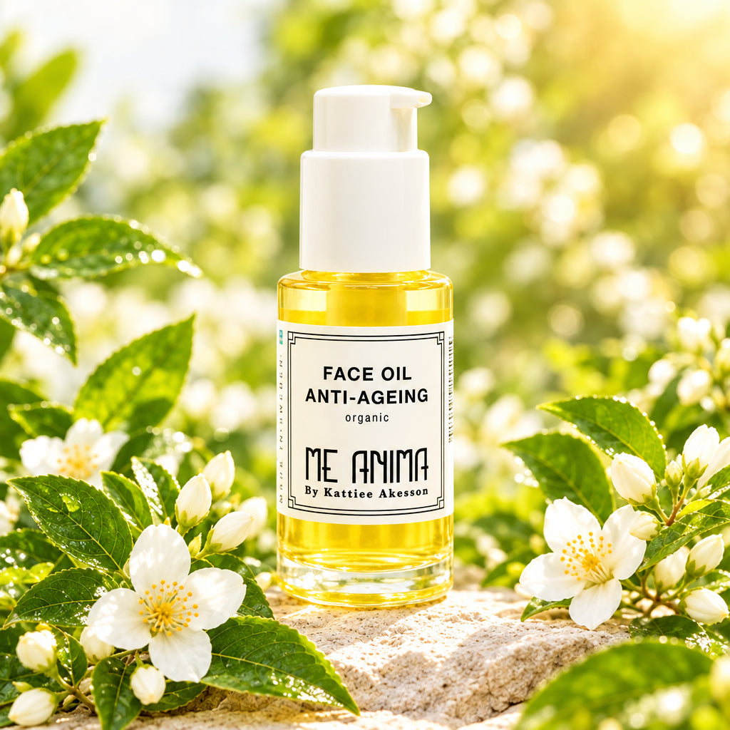 Face Oil Anti-Ageing från Me Anima i en ljus blommig naturmiljö.