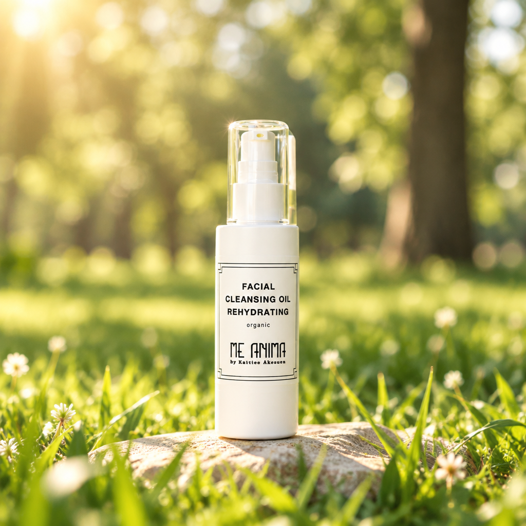 Facial Cleansing Oil Rehydrating från Me Anima i en solig grön naturmiljö.