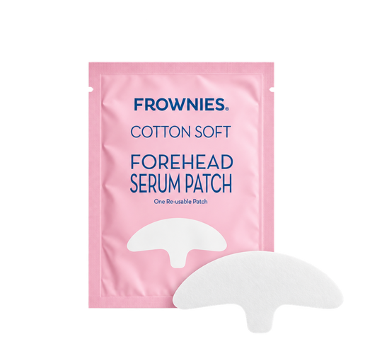 Frownies Forehead Serum Patch med förpackning och återanvändbart serumplåster