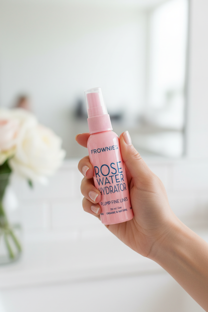 Hand som håller Frownies Rose Water Hydrator-spray framför grönska i ljust rum.