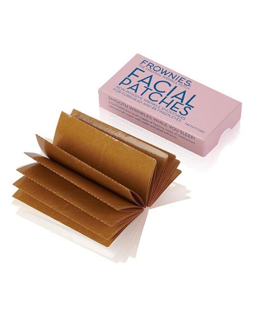 Öppen förpackning med Frownies ansiktsplåster för pannan och mellan ögonen.