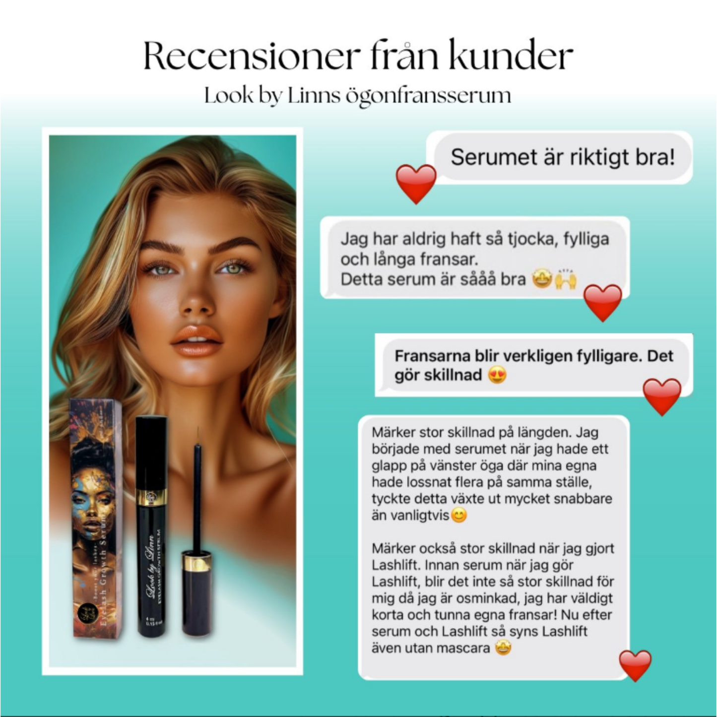 Kundomdömen om Look By Linn veganskt ögonfransserum med produktbild och modell med långa ögonfransar.
