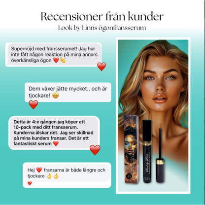 Kundrecensioner för Look By Linn veganskt ögonfransserum tillsammans med produktbild och modell med långa ögonfransar.