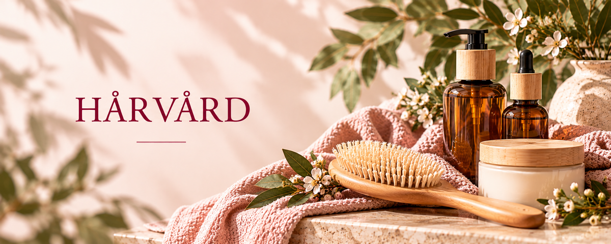 Banner för hårvård med hårborste, bärnstensfärgade flaskor och hårinpackning i varm beige och rosa miljö.