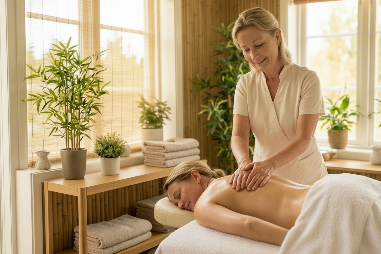 Massör ger avslappnande ryggmassage på Solbackens Spa