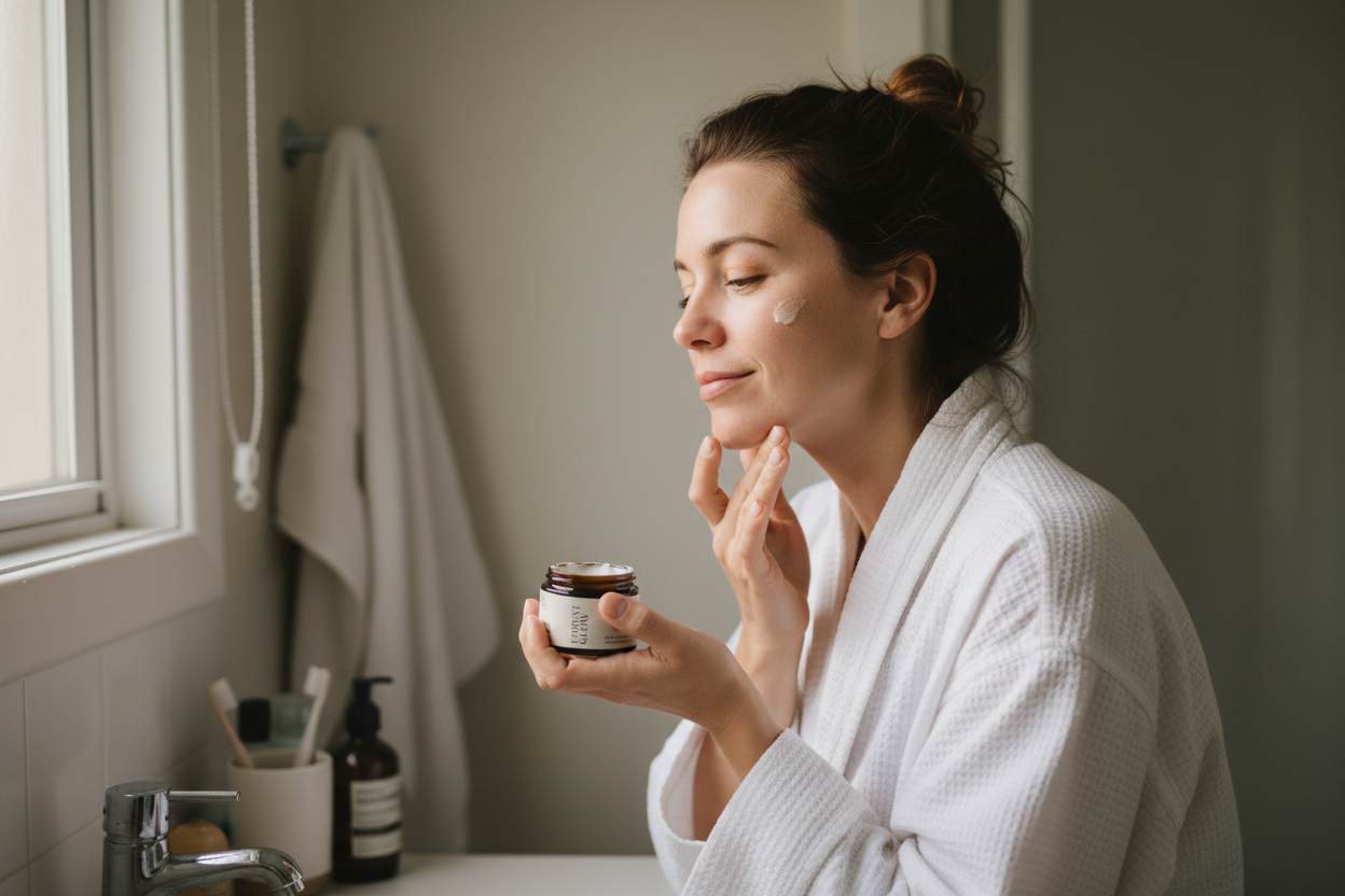 Kvinna använder Forest Glow-kräm i sin vardagsrutin