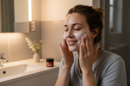 Kvinna använder Pause Nordic Cleansing Balm i sin kvällsrutin