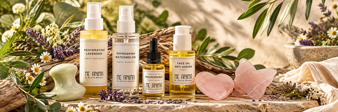 Me Anima – ekologisk hudvård med ansiktsoljor, rengöringsolja, ansiktsmist och Gua Sha-verktyg i rosa och grönt, omgivna av botaniska detaljer.