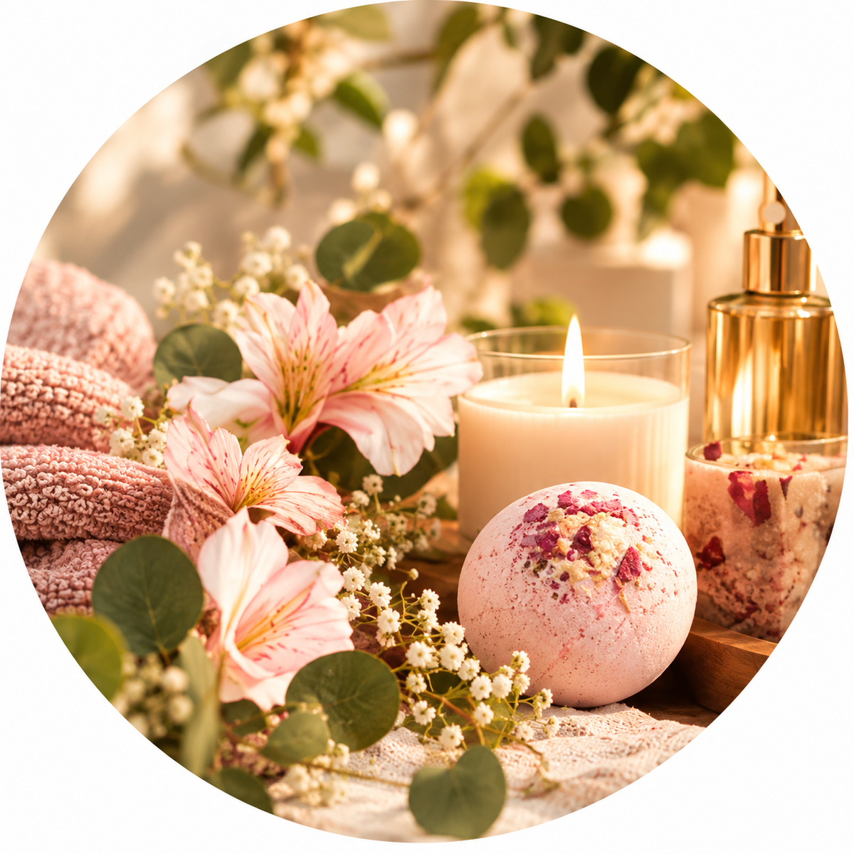 Rosa badbomb, doftljus, blommor och skönhetsprodukter i en varm och rofylld spamiljö.
