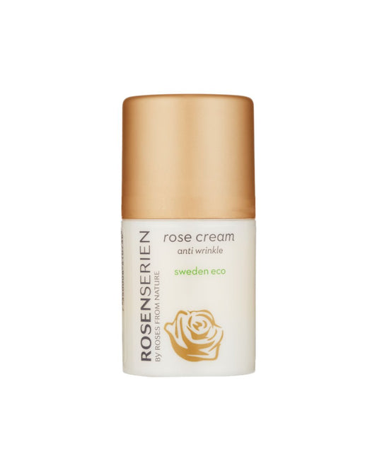 Rosenserien Rose Cream Anti Wrinkle ansiktskräm i vit förpackning med guldfärgat lock.