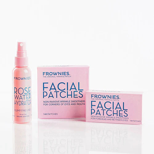 Frownies Startkit – Rose Water Hydrator och två Facial Patches-förpackningar för ögonvrår och mun, mot vit bakgrund.