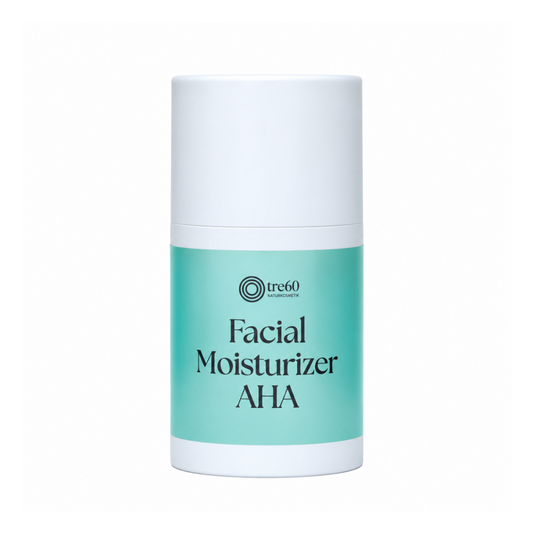 Tre60 Facial Moisturizer AHA – ansiktskräm med AHA i turkos och vit förpackning