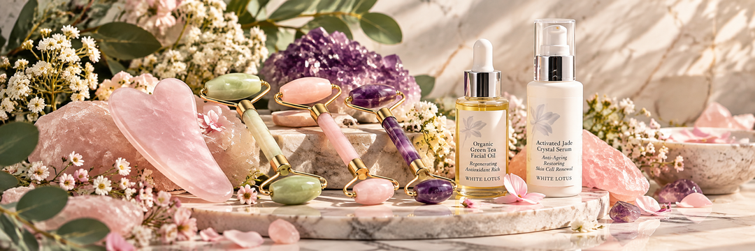 White Lotus gua sha-verktyg, ansiktsrollers, ansiktsolja och serum i en harmonisk miljö med kristaller och blommor.